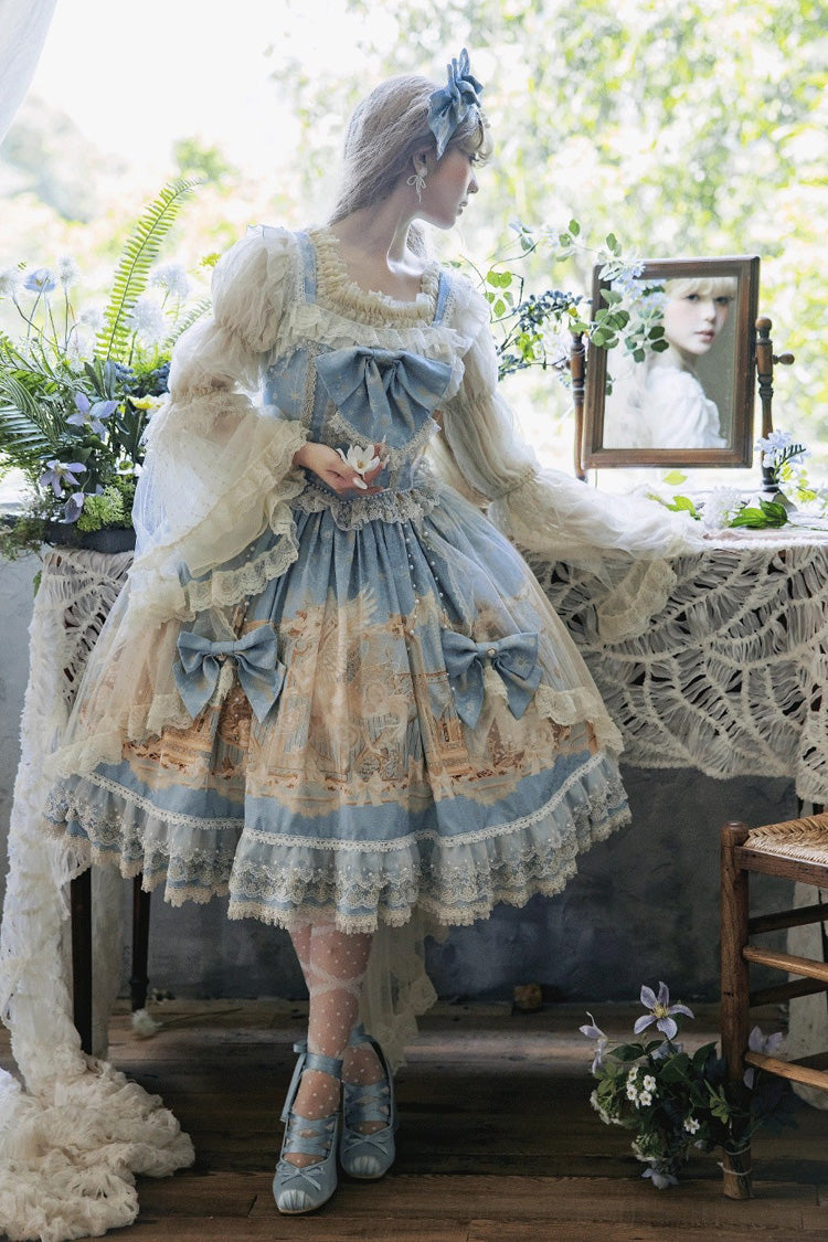 Unicorn Print Sleeveless Multi-Layer Embroidery Bow Lace Sweet Lolita Jumper Gown