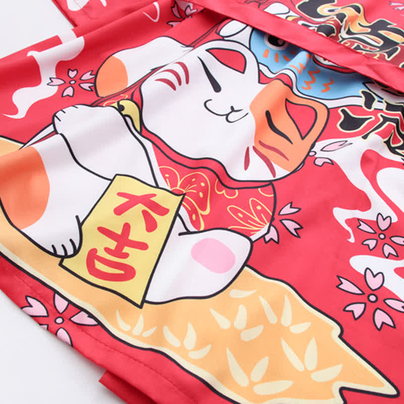 Lucky Cat Print Cardigan Kimono Outerwear