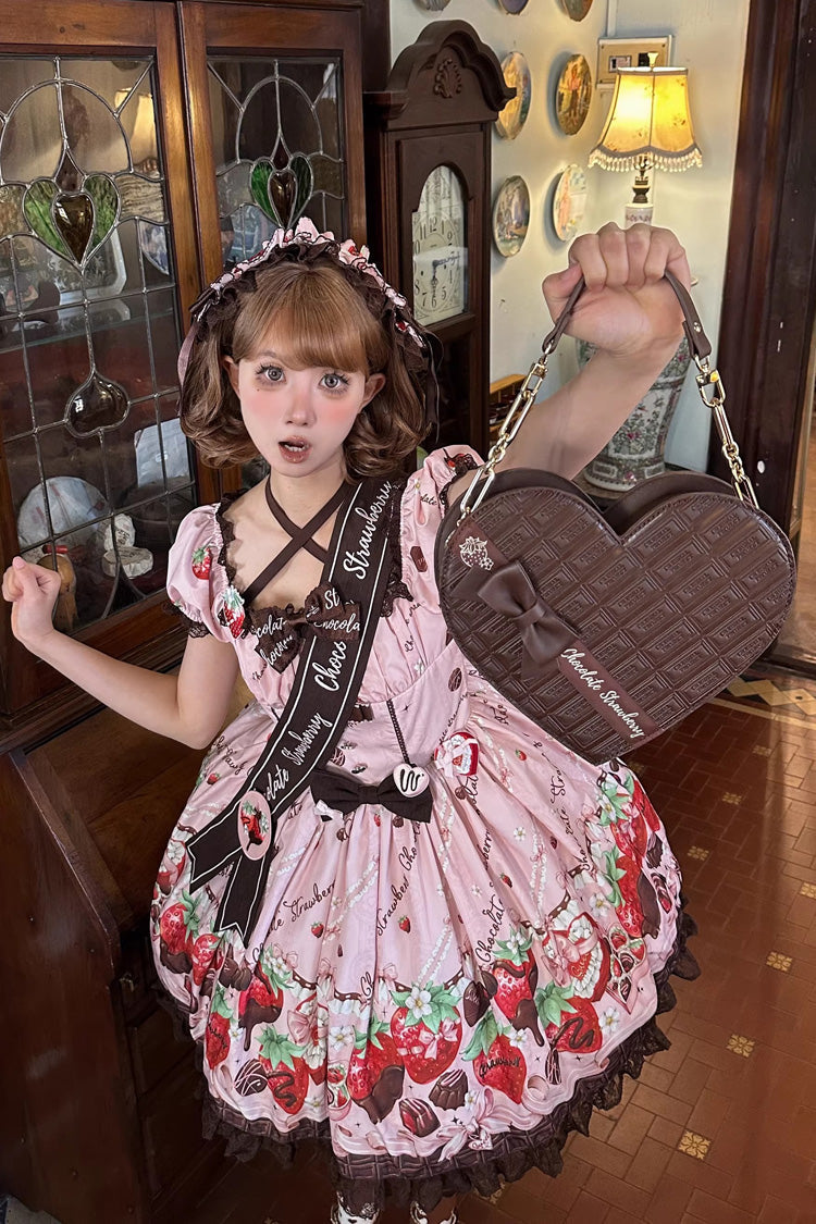 Chocolate Lover Square Collar Printed Bow Lace Sweet Lolita Dress