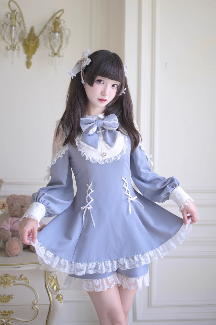 Jirai Kei Dress and Shorts Set with Hollow Bowknot, Lace-Up, Grey/Blue