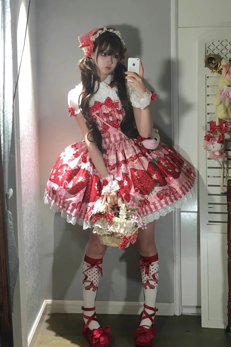 Dream to Strawberry Print Ruffled Bow Lace Sweet Lolita JSK Dress - 4 Colors