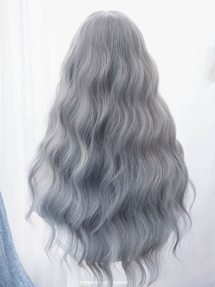 Blue-Grey Long Wavy Synthetic Wig With Bangs