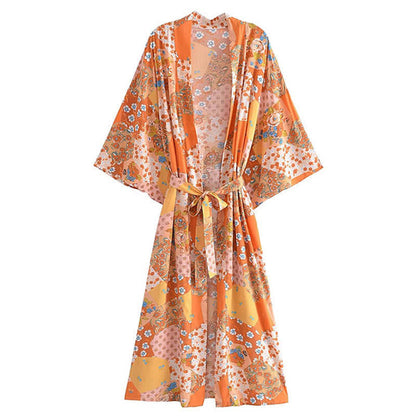 Boho Beach Print Belt Robe Long Cardigan Outerwear