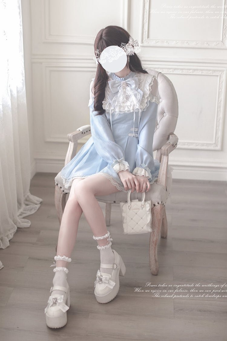 Aqua Long Sleeve Bow Lace Sweet Jirai Kei Dress