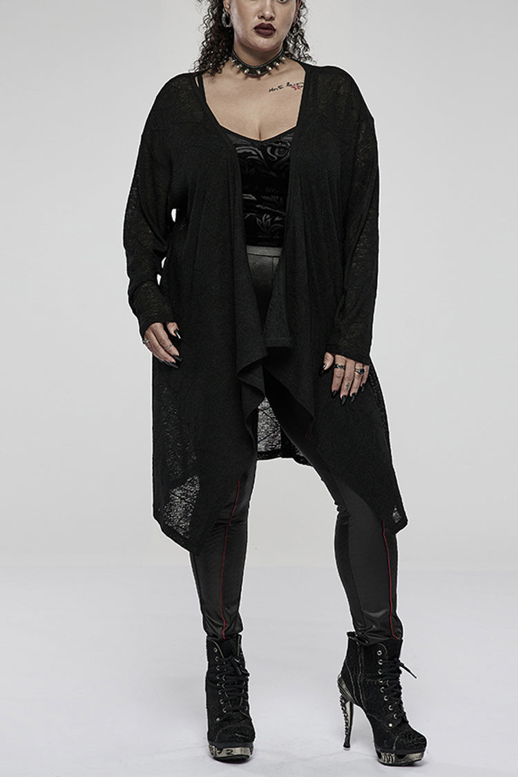 Charcoal Knit Asymmetric Jacket with Skull Back Print - Plus Size Goth