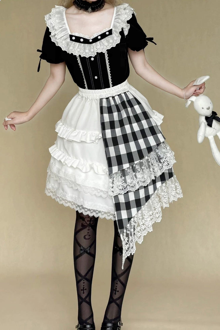 Monochrome Plaid Gothic Skirt Set with Lace and Asymmetric Hem