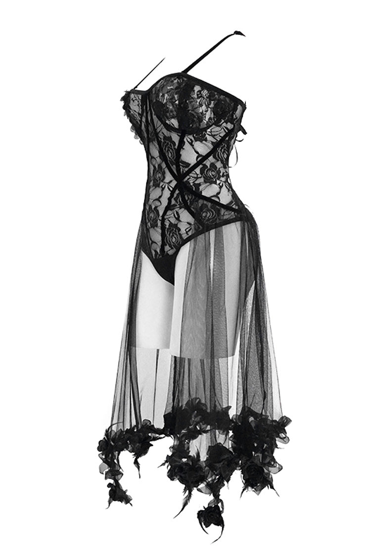Rose Lace Mesh Hem Sling Gothic Jumpsuit in Black