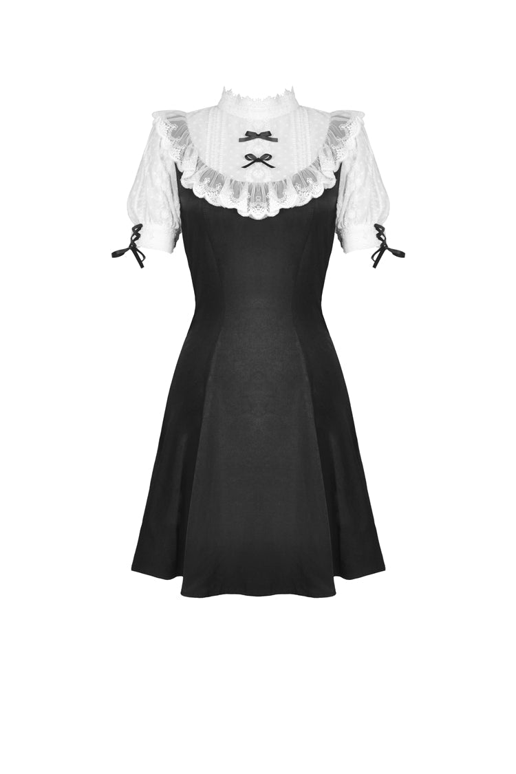 Black/White Stand Collar Short Sleeves Ruffled Women's Sweet Gothic Lolita Doll Midi Dress