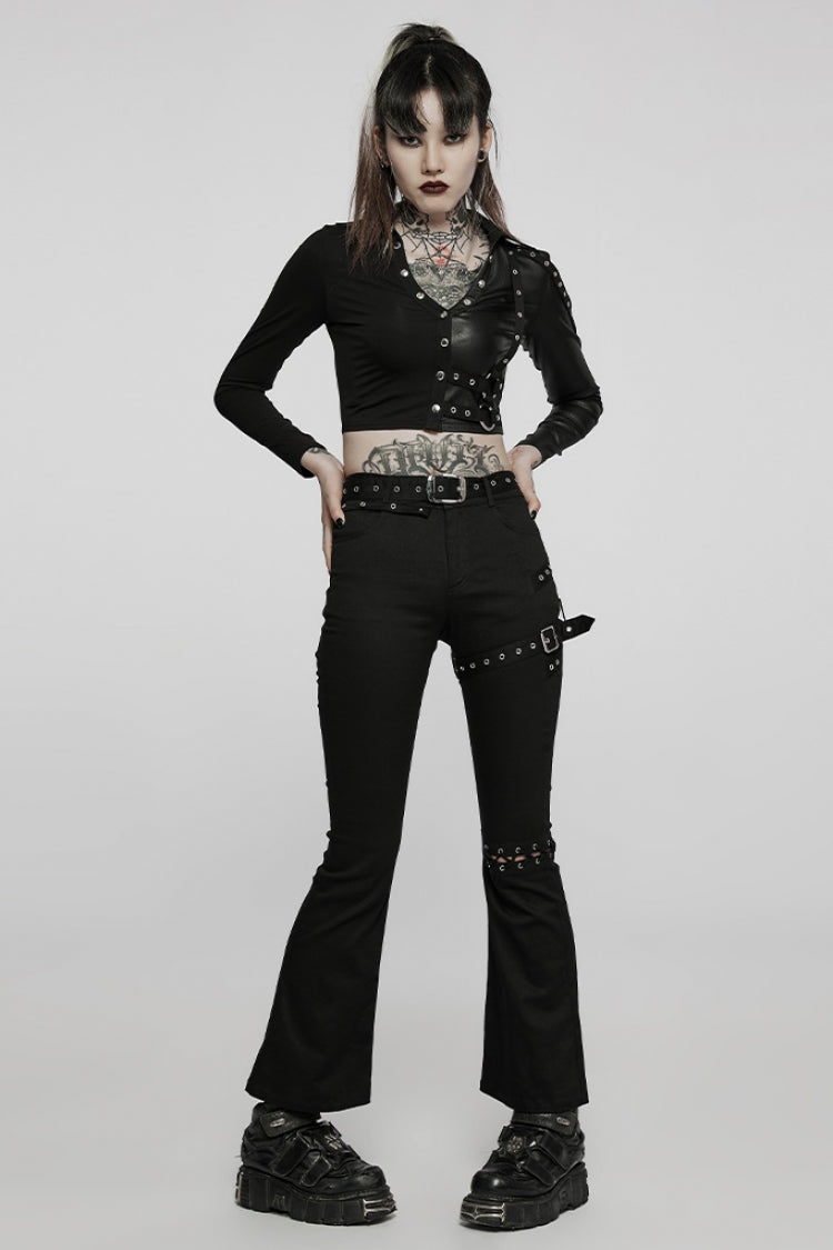 Detachable Belt Flared Leggings with Lace & Cutout Design for Steampunk Look