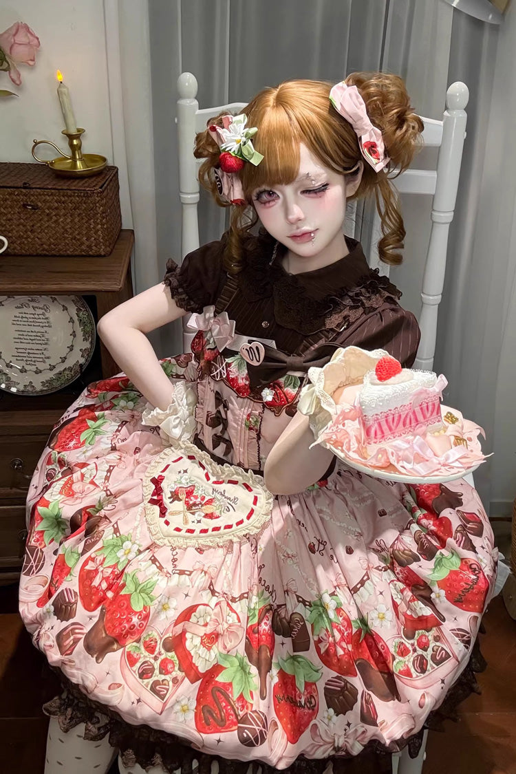 Sleeveless Printed Ruffled Embroidered Bow Lace Sweet Lolita Strap Dress - Strawberry Chocolate Lover