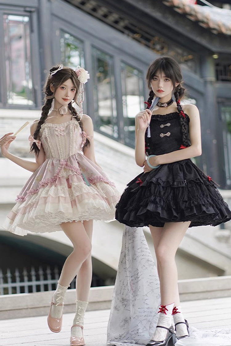 Gothic Chinese Lolita Skirt with Bamboo Leaves Print, Ruffles and Lace