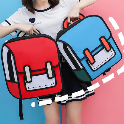 3D Cartoon Colorblock Canvas School Backpack