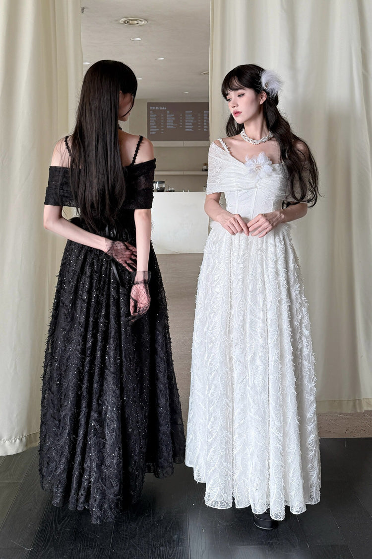 Off-Shoulder Jacquard Dress with Bow and Gothic Style