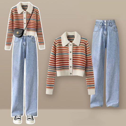 Colorful Stripe Rainbow Cardigan Casual Pants