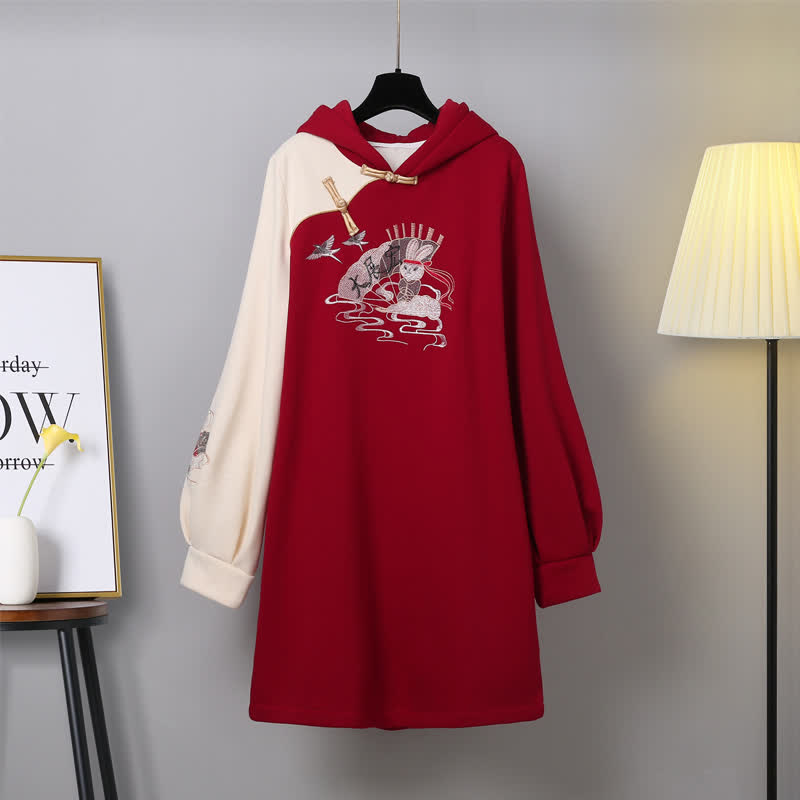 Bunny Red Colorblock Plush Hooded Sweatshirt Dress