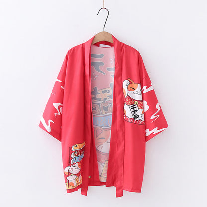 Lucky Cat Print Cardigan Kimono Outerwear