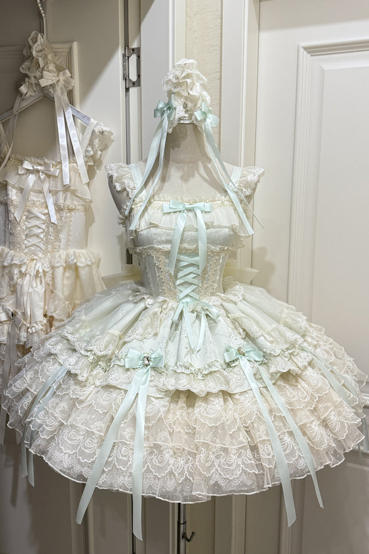 Emerald Sleeveless Layered Ruffle Bow Lace Corset Ballet Jumper Dress - Ribbon Heart Love