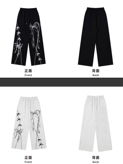 Ribbon Bow Print Straight-leg Cut Sweatpants