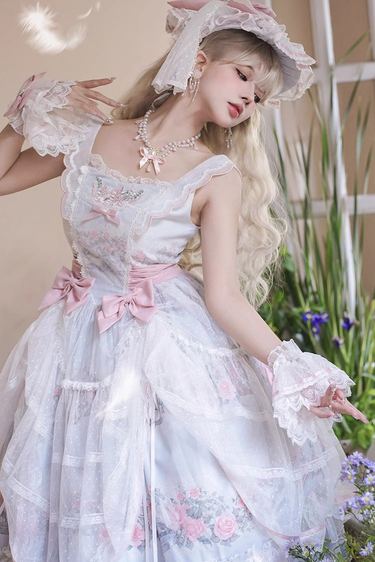 Rose Flower Cage Printed Ruffled Bow Sweet Elegant JSK