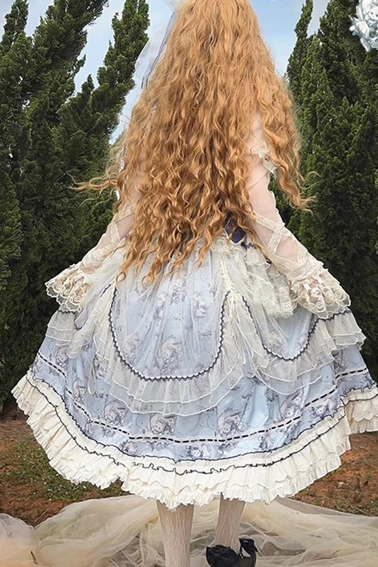 Swing Cat Print Ruffled Bow Lace Sweet Elegant Lolita Jumper Dress