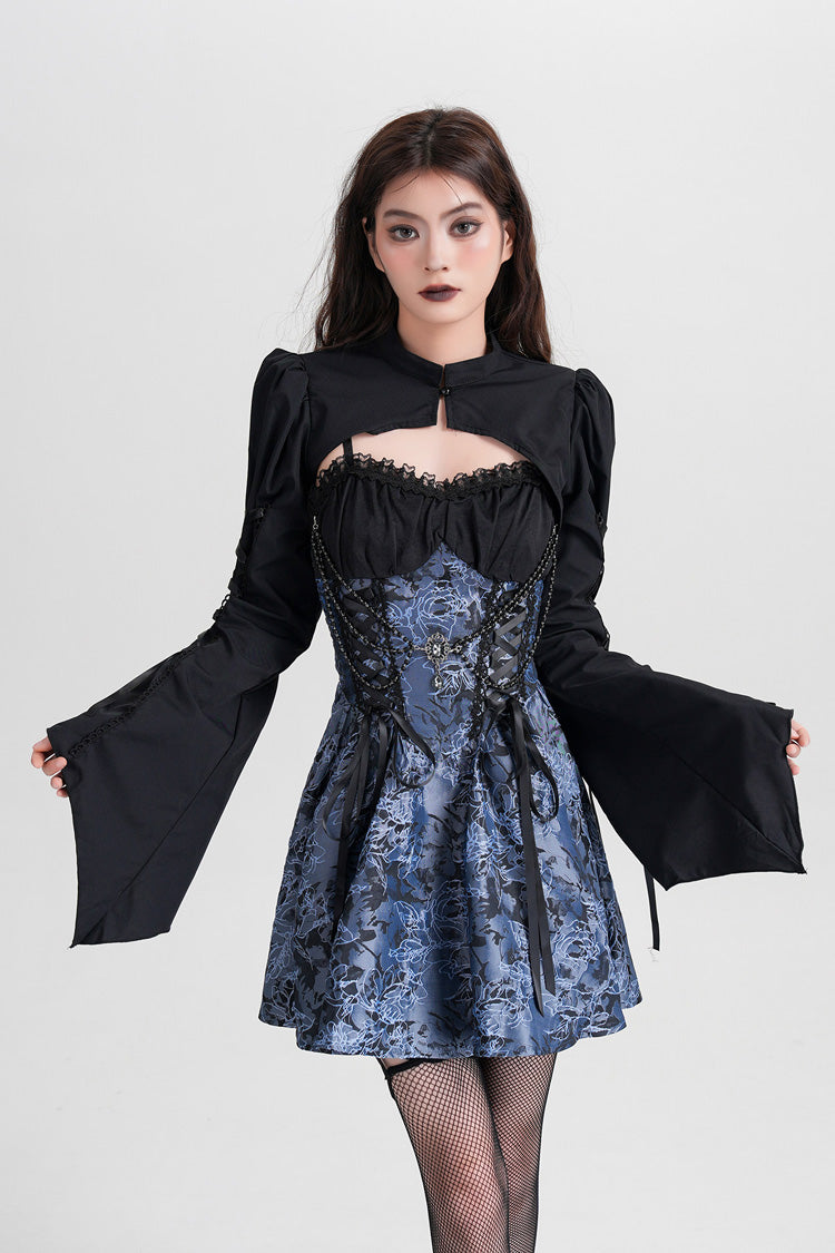 Blue Sleeveless Jacquard Printed Spliced Lace-Up Gothic Vintage Lolita Jsk Dress