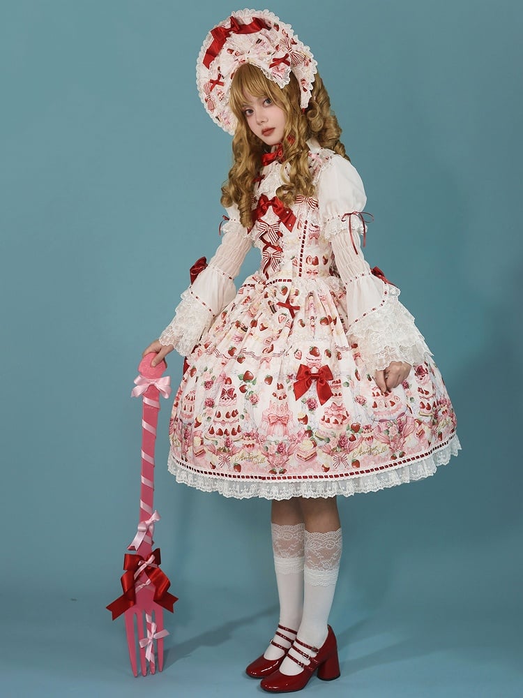 JSK Print Strawberry Sweet Accents and / Lolita White Set Bow Desserts Full