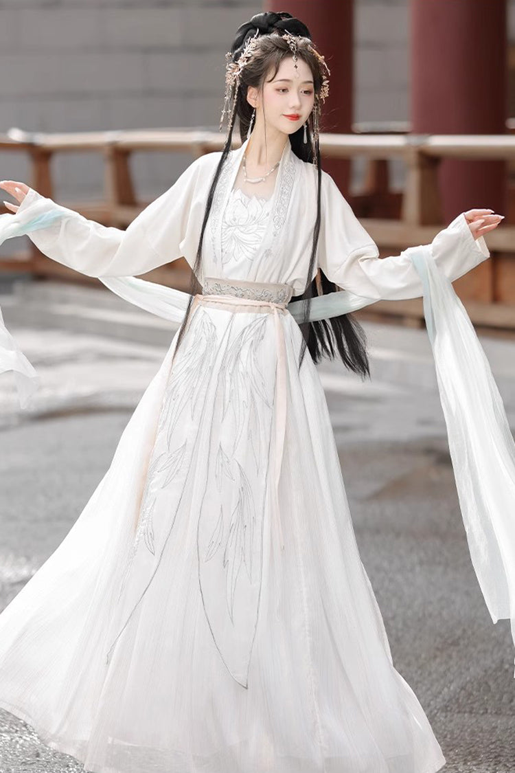 Ivory High-Waisted Jacquard Embroidered Hanfu Full Ensemble