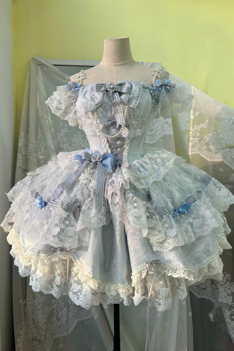 Blue [Anna’s Ball] Square Collar Ruffled Hanayome Bow Lace Sweet Princess Ballet Lolita Jsk Dress