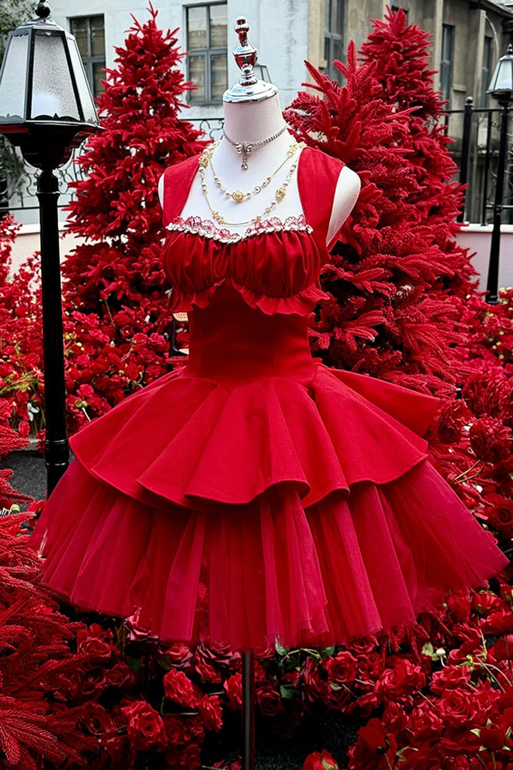 Crimson Romantic Rose Square Neck Sleeveless Ruffled Classic Ballet Lolita Gown