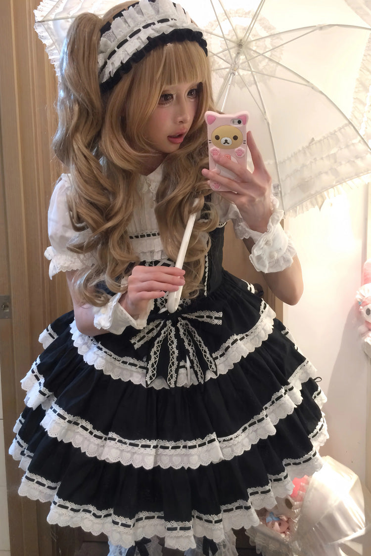 Black Maiden Heart Triple Layer Ruffle Bow Lace Sweet Jsk