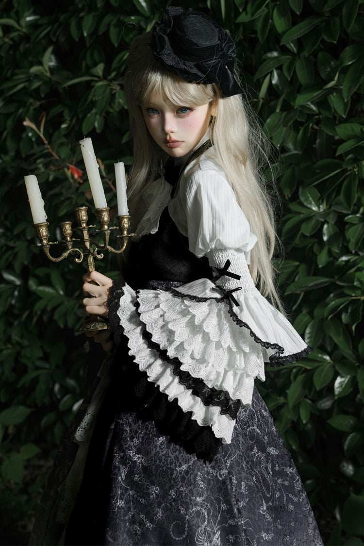 Monochrome Gothic Princess JSK with Bone Print, Ruffled Cardigan, and Lace