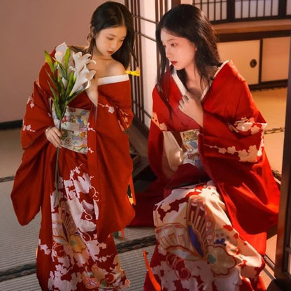 Red Elegant Print Traditional Kimono Dress