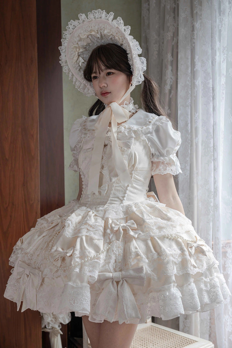 Small Cakes Sleeveless Multi-Layered Ruffled Bow Lace Sweet Lolita JSK Dress - Ivory