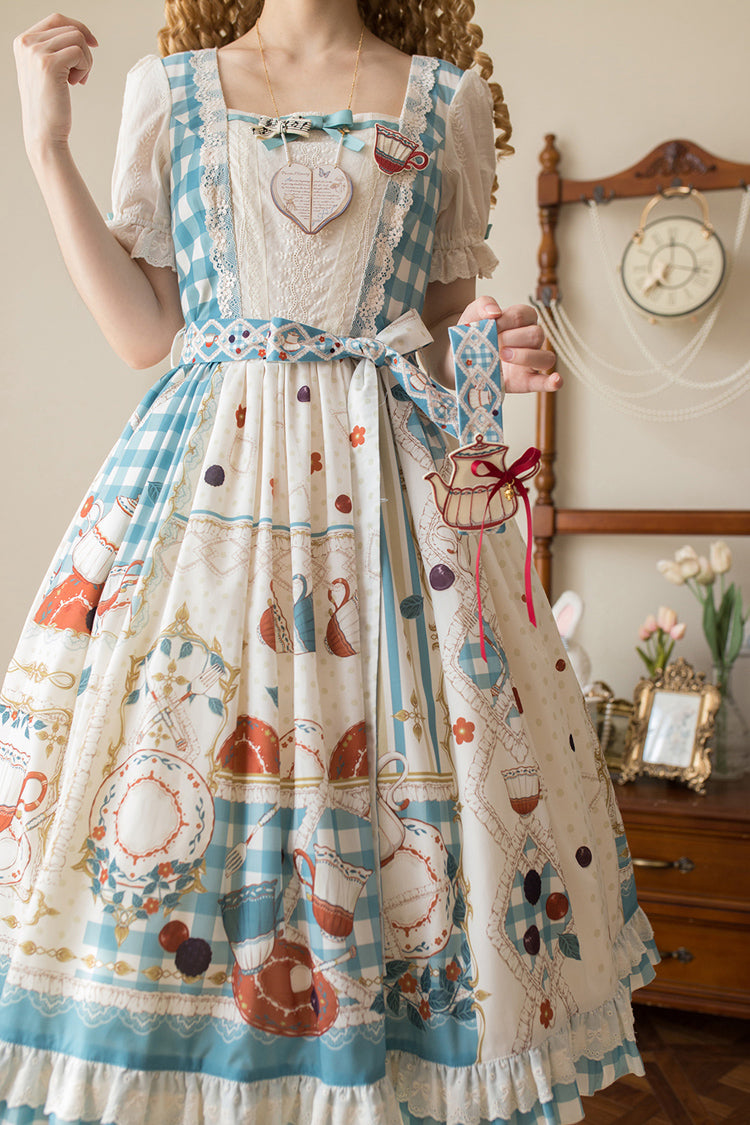 Tea Party Print Short-Sleeve Ruffle Bowknot Elegant Lolita Dress