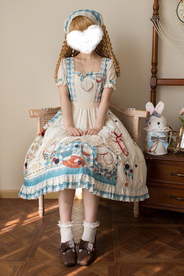 Tea Party Print Short-Sleeve Ruffle Bowknot Elegant Lolita Dress