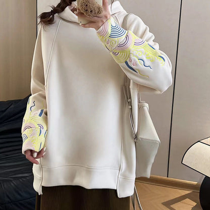 Casual Floral Embroidery Plush Loose Hoodie