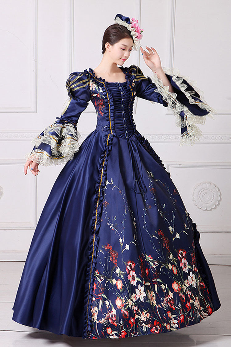 Victorian Lolita Prom Dress with Floral Print, Trumpet Sleeves, High Waist