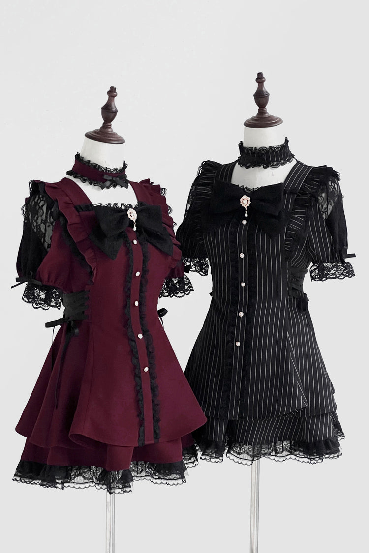 Noir Short Sleeve Striped Ruffle Bow Gothic Jirai Kei Set - Waltz