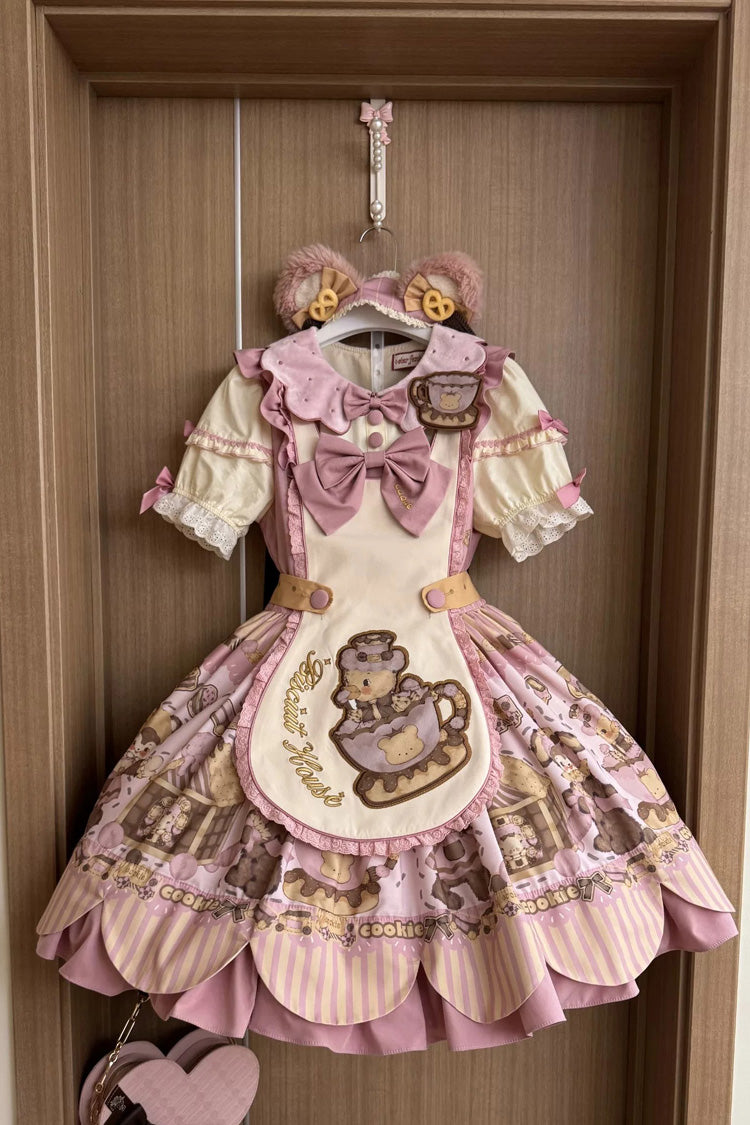 Teddy Bear Cookie Dessert Print Dress with Bow & Ruffles