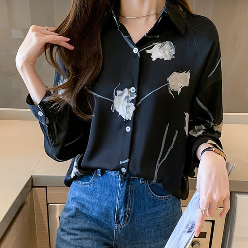 Rose Print Lapel Satin Shirt