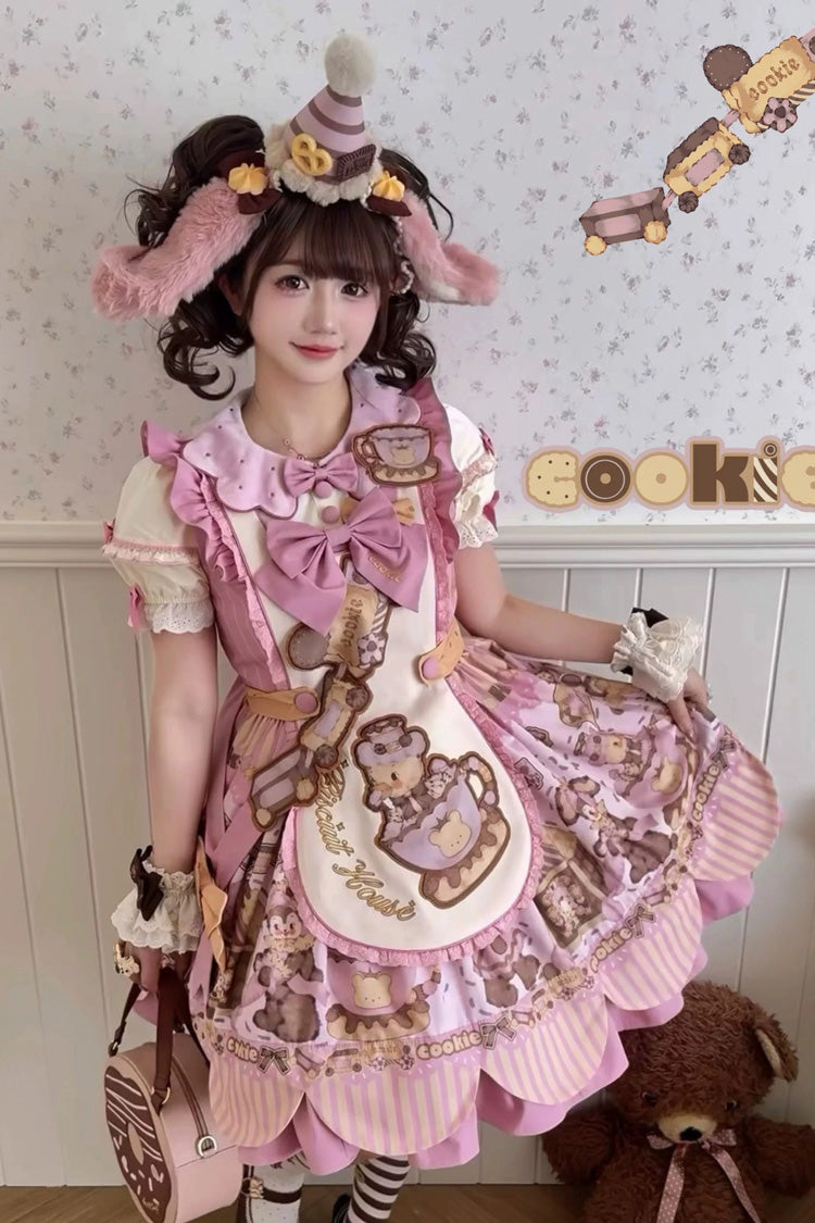 Teddy Bear Cookie Dessert Print Dress with Bow & Ruffles