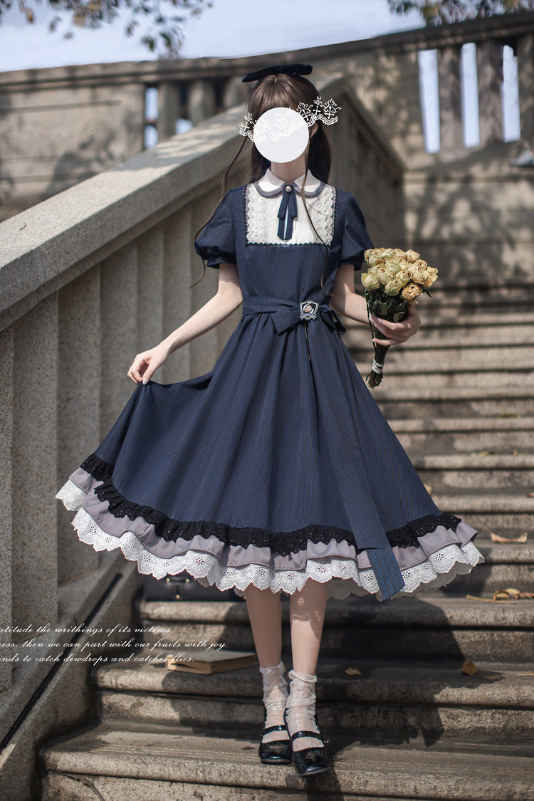 Blue [Phyllis] Lapel Collar Short Sleeves Printed Bow Classic Vintage Elegant Lolita Dress