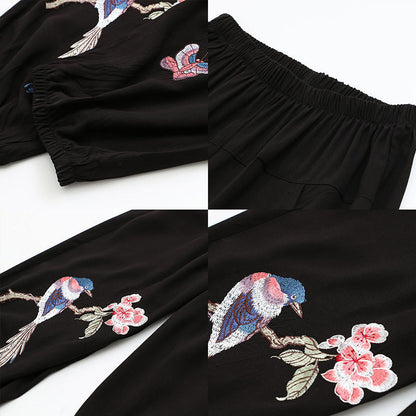 Vintage Bird Embroidery Buckle T-Shirt Pants Set