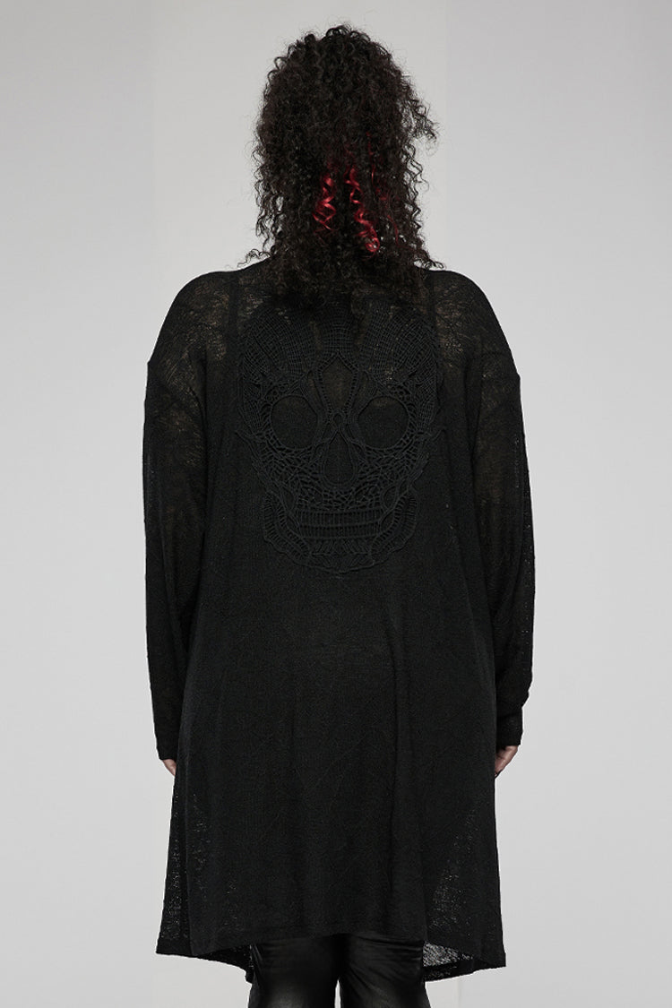 Charcoal Knit Asymmetric Jacket with Skull Back Print - Plus Size Goth