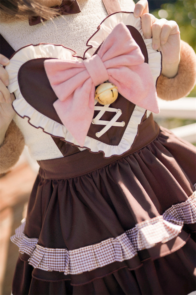 Bunny Transformation Detachable Bunny Cake Sleeveless Triple-Layered Ruffled Bow Sweet Strap Dress