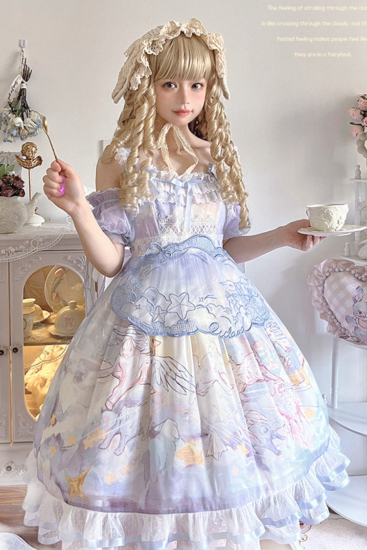 Cloud Walk Print Ruffled Bow Lace Sweet Lolita Jumper Dress Complete Set