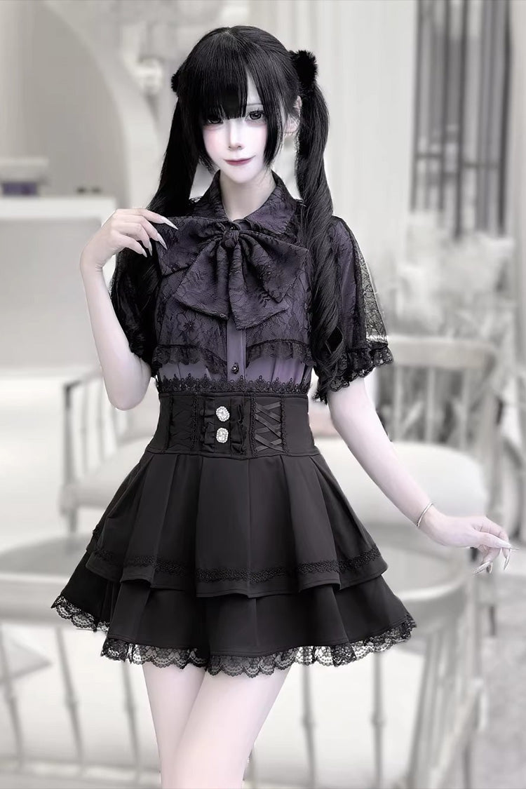 Gothic Embroidered Ruffled Top and Skirt Set with Lace-Up - Dark Moon Shadow