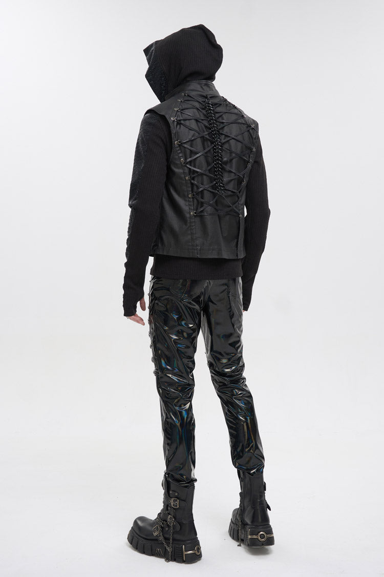Men's Punk Vest in Black with Front & Rear String, Stretch Cotton & Stand Collar