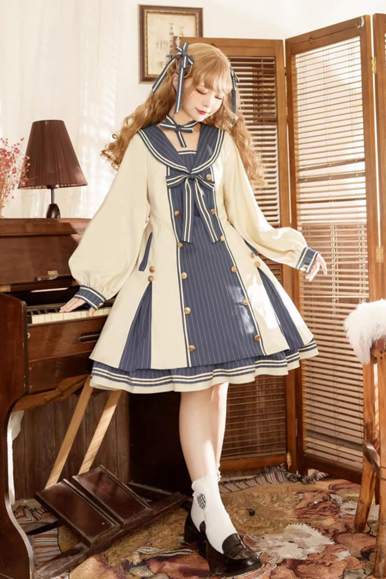 Navy Collared Long Sleeve Floral Bow Sweet Plus Size Lolita Gown