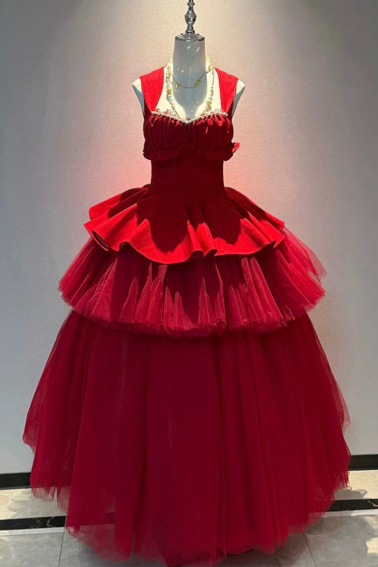 Crimson Romantic Rose Square Neck Sleeveless Ruffled Classic Ballet Lolita Gown